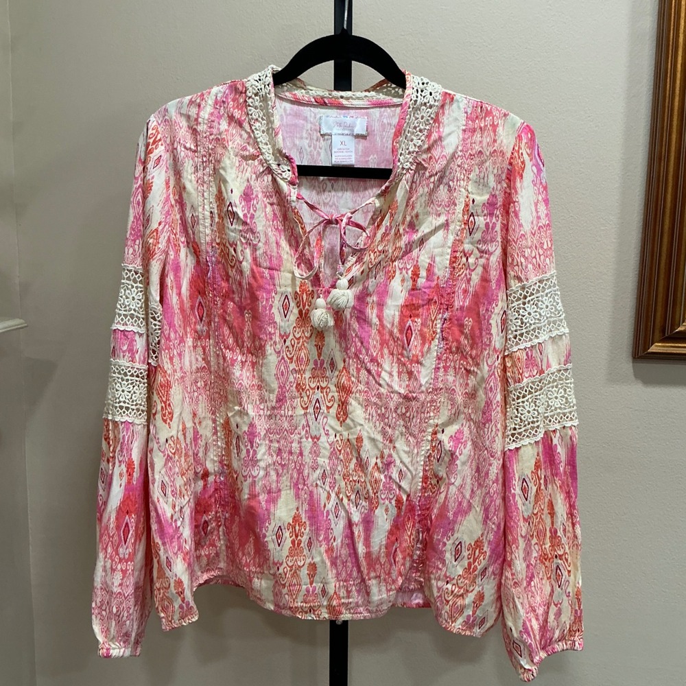 Stella Parker Blouse Collection XL Pink Ikat Crochet Lace Tassel Boho Top